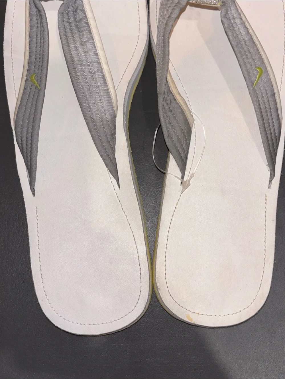 Nike Women’s White & Gray Thong Sandals with Yellow Swoosh